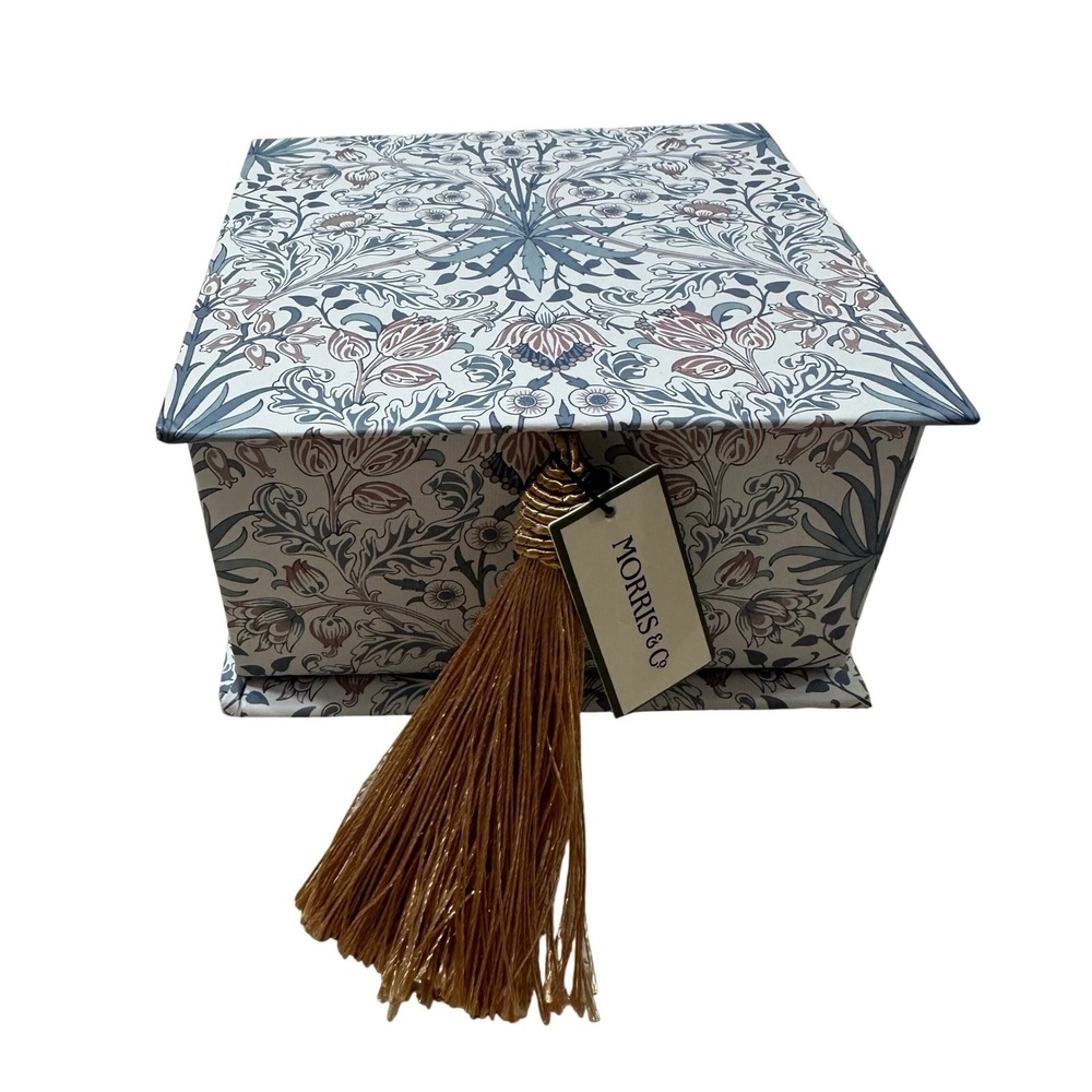 Morris & Co William Morris Floral Gift Box with Gold Tassel Blue Mauve 5.5x5.5x3